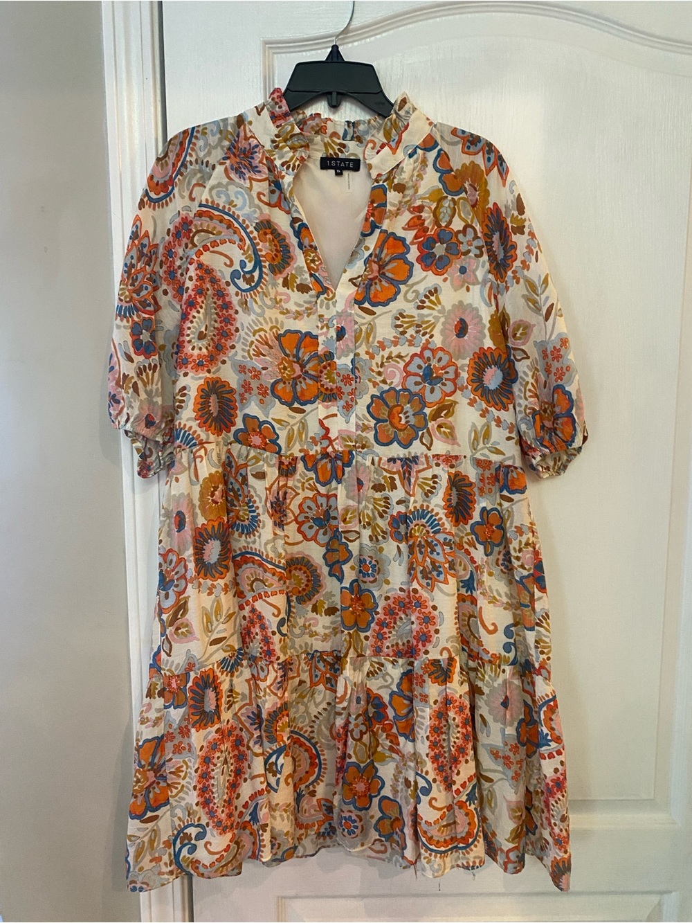 1. State Cream Floral Paisley Tiered Mini Dress with Orange and Blue Accents